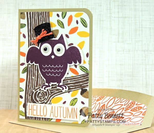 Halloween-howl-o-ween-owl-black-glimmer-hat-stampin-up-pattystamps-card-tree