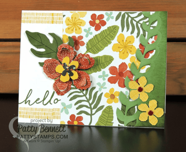 Stampin UP Botanical Blooms stamp set and matching framelits coordinate with the Botanical Gardens designer paper, from the 2016 Occasions catalog.  Card by Patty Bennett