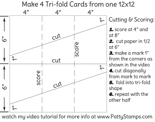 How to cut and score 2 tri-fold cards from one 12x12 piece of cardstock by Patty Bennett How to cut and score 2 tri-fold cards from one 12x12 piece of cardstock by Patty Bennett