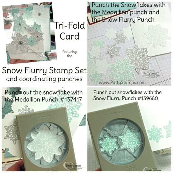 Flurry of Wishes Tri-fold card from 12x12 cardstock. Punch snowflakes with the Snow Flurry and Flower Medallion punches from Stampin UP! for a quick and easy card! Flurry of Wishes Tri-fold card from 12x12 cardstock. Punch snowflakes with the Snow Flurry and Flower Medallion punches from Stampin UP! for a quick and easy card!