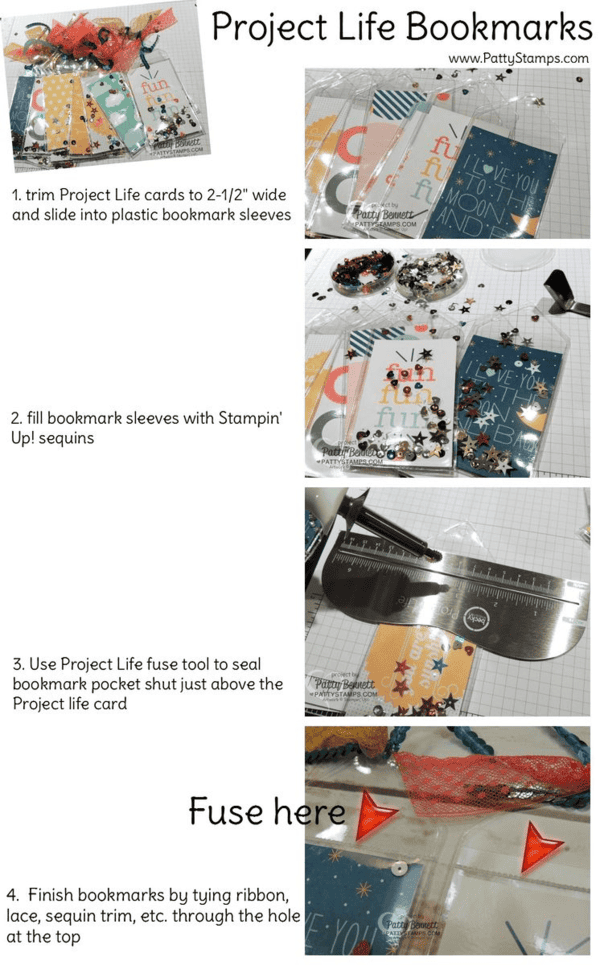 How to make the Project Life Bookmarks with Stampin' UP! PL cards, sequins, and trim, using the Fuse Tool and plastic bookmark sleeves by Patty Bennett