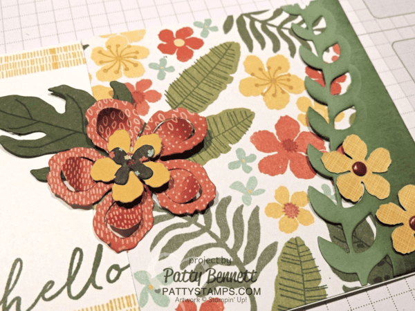 Stampin UP Botanical Blooms stamp set and matching framelits coordinate with the Botanical Gardens designer paper, from the 2016 Occasions catalog.  Card by Patty Bennett