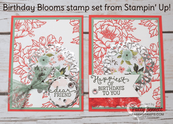 Stampin Up! Birthday Blooms stamp set and Birthday Bouquet designer paper NEW from the Occasions 2016 catalog.  I made these cards for our OnStage event in San Diego. Birthday, friend and for you greetings included in the stamp set.