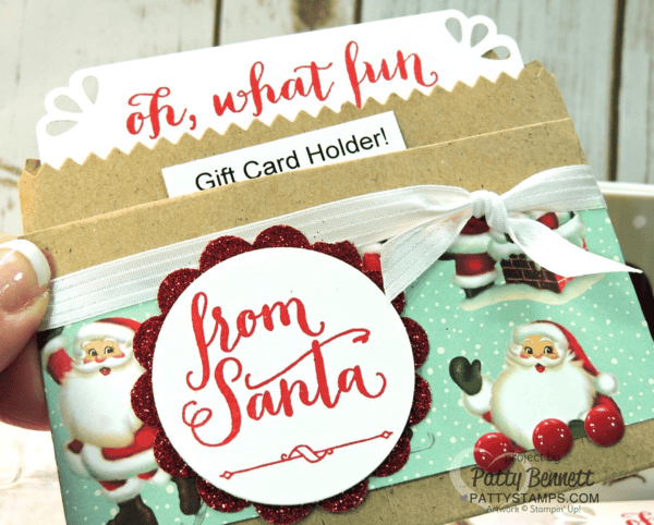Gift Card packaging "from Santa" featuring Home for Christmas paper and Oh, What Fun stamp set from Stampin' UP!