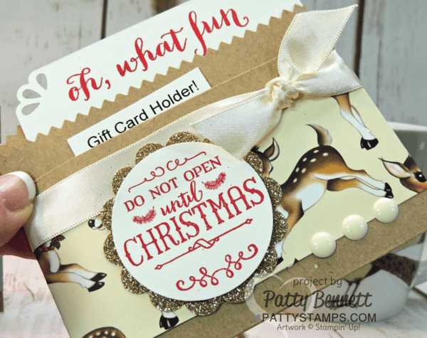 Home for Christmas reindeer paper design on a gift card holder.  Stampin' Up! supplies. Project by Patty Bennett