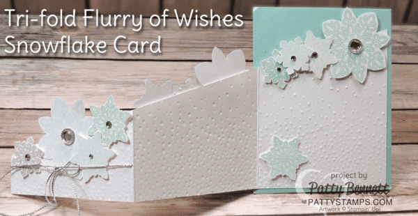 Flurry of Wishes Tri-fold card from 12x12 cardstock. Punch snowflakes with the Snow Flurry and Flower Medallion punches from Stampin UP! for a quick and easy card! Add Iced Rhinestone embellishments to the center of each snowflake! Flurry of Wishes Tri-fold card from 12x12 cardstock. Punch snowflakes with the Snow Flurry and Flower Medallion punches from Stampin UP! for a quick and easy card! Add Iced Rhinestone embellishments to the center of each snowflake!