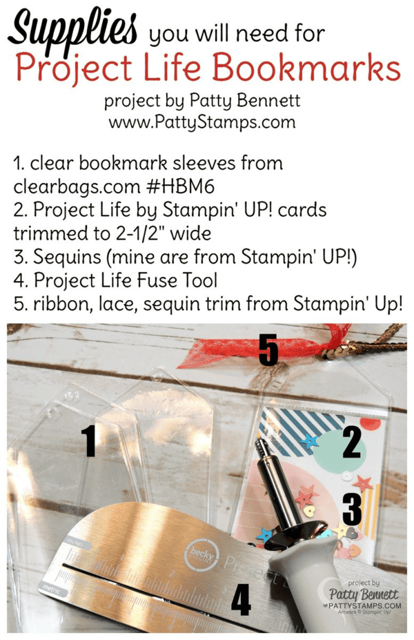 Supplies needed to make Project Life bookmarks featuring Stampin' Up! PL cards, sequins and trim.  Project Life Fuse Tool and bookmark sleeves - link in my blog post.