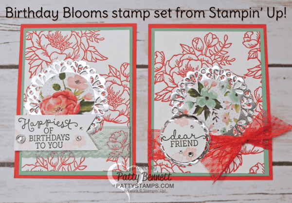 Stampin Up! Birthday Blooms stamp set and Birthday Bouquet designer paper NEW from the Occasions 2016 catalog.  I made these cards for our OnStage event in San Diego. Birthday, friend and for you greetings included in the stamp set.