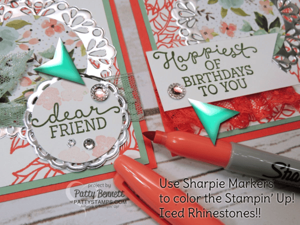 Stamping Tip:  Color the centers of your Iced Rhinestones from Stampin' Up! with Sharpie markers for a custom colored embellishment on your handstamped card or handcrafted project. 