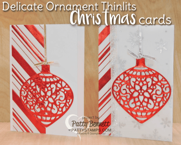Red and Gold foil Christmas cards featuring Stampin' Up! Delicate Ornament thinlit dies. Silver foil snowflakes and red striped foil vellum from the Holidays Fancy Foil Vellum pack. Christmas cards by Patty Bennett at pattystamps.com Red and Gold foil Christmas cards featuring Stampin' Up! Delicate Ornament thinlit dies. Silver foil snowflakes and red striped foil vellum from the Holidays Fancy Foil Vellum pack. Christmas cards by Patty Bennett at pattystamps.com