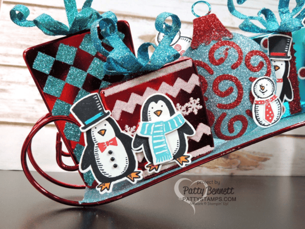 Christmas home decor from Hobby Lobby decorated with Stampin' Up! Snow Place penguins and snowmen by Patty Bennett at pattystamps.com