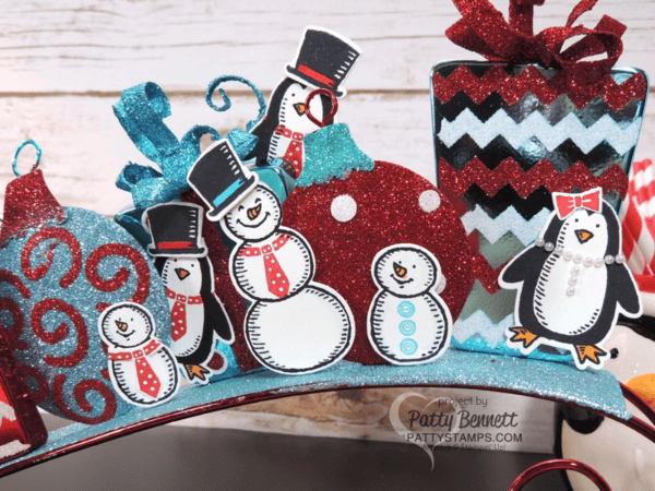 Christmas home decor from Hobby Lobby decorated with Stampin' Up! Snow Place penguins and snowmen by Patty Bennett at pattystamps.com