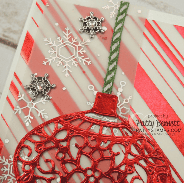 Red and Gold foil Christmas cards featuring Stampin' Up! Delicate Ornament thinlit dies. Silver foil snowflakes and red striped foil vellum from the Holidays Fancy Foil Vellum pack. Christmas cards by Patty Bennett at pattystamps.com Red and Gold foil Christmas cards featuring Stampin' Up! Delicate Ornament thinlit dies. Silver foil snowflakes and red striped foil vellum from the Holidays Fancy Foil Vellum pack. Christmas cards by Patty Bennett at pattystamps.com