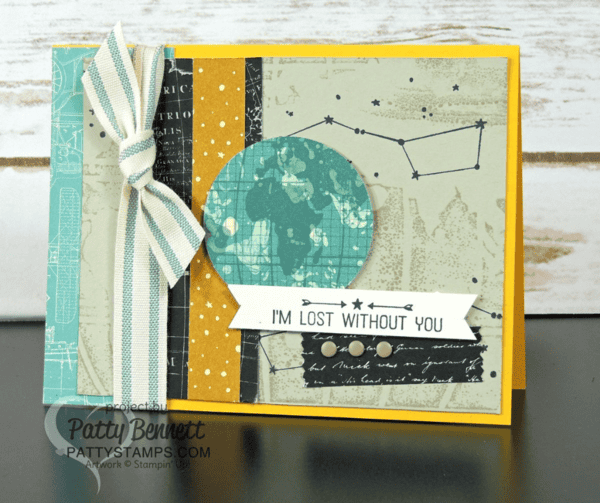 Hand stamped card featuring Going Global and Going Places stamp set and paper pack NEW from Stampin UP!, available Jan. 5, 2016.  World Traveler map embossing folder background. Card by Patty Bennett