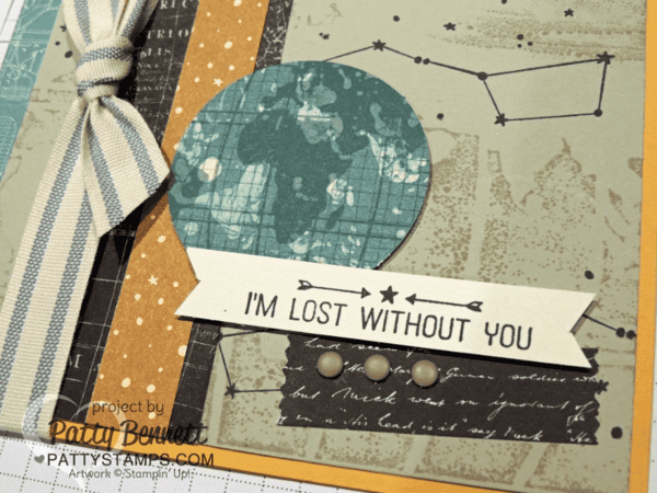 Hand stamped card featuring Going Global and Going Places stamp set and paper pack NEW from Stampin UP!, available Jan. 5, 2016.  World Traveler map embossing folder background. Card by Patty Bennett
