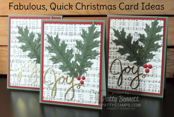 Quick and Easy Handmade Christmas card featuring muscial score paper from Stampin' Up! - Home for Christmas paper pack. Joy die cut from Wonderful Wreath framelits and Gold Foil Paper. Card accented with Red Enamel Dots, by Patty Bennett