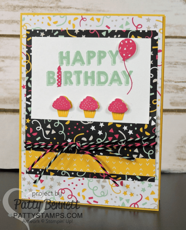 Stampin' UP! birthday card featuring Party Wishes stamp set, It's My Party paper, Party Punch Pack and new Baker's Twine! Cute cupcakes, balloon and candle punches are darling!  Cards by Patty Bennett at pattystamps.com