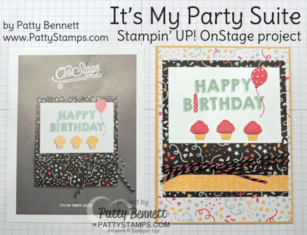 Stampin' UP! birthday card featuring Party Wishes stamp set, It's My Party paper, Party Punch Pack and new Baker's Twine! Cute cupcakes, balloon and candle punches are darling!  Cards by Patty Bennett at pattystamps.com