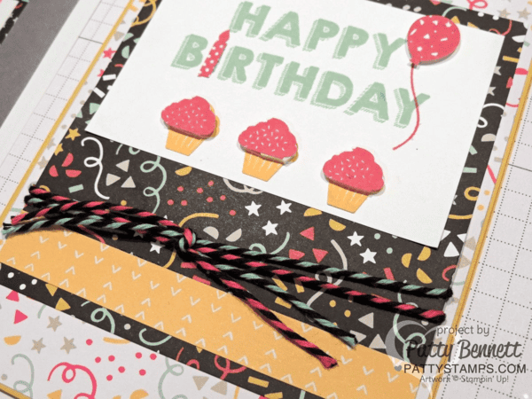 Stampin' UP! birthday card featuring Party Wishes stamp set, It's My Party paper, Party Punch Pack and new Baker's Twine! Cute cupcakes, balloon and candle punches are darling!  Cards by Patty Bennett at pattystamps.com
