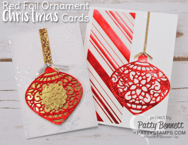 Red and Gold foil Christmas cards featuring Stampin' Up! Delicate Ornament thinlit dies. Silver foil snowflakes and red striped foil vellum from the Holidays Fancy Foil Vellum pack. Christmas cards by Patty Bennett at pattystamps.com Red and Gold foil Christmas cards featuring Stampin' Up! Delicate Ornament thinlit dies. Silver foil snowflakes and red striped foil vellum from the Holidays Fancy Foil Vellum pack. Christmas cards by Patty Bennett at pattystamps.com