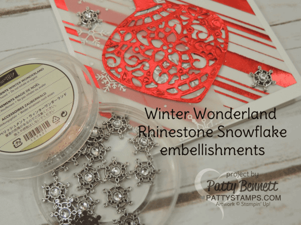 Red and Gold foil Christmas cards featuring Stampin' Up! Delicate Ornament thinlit dies and winter wonderland rhinestone snowflake embellishments. Silver foil snowflakes and red striped foil vellum from the Holidays Fancy Foil Vellum pack. Christmas cards by Patty Bennett at pattystamps.com Red and Gold foil Christmas cards featuring Stampin' Up! Delicate Ornament thinlit dies and winter wonderland rhinestone snowflake embellishments. Silver foil snowflakes and red striped foil vellum from the Holidays Fancy Foil Vellum pack. Christmas cards by Patty Bennett at pattystamps.com