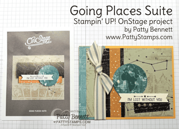 Hand stamped card featuring Going Global and Going Places stamp set and paper pack NEW from Stampin UP!, available Jan. 5, 2016.  World Traveler map embossing folder background. Card by Patty Bennett