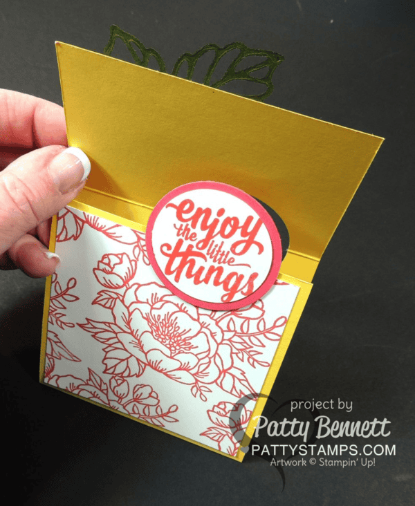 Stampin' Up! fun fold card featuring Birthday Blooms stamp set and Birthday Bouquet designer paper, with Rose Garden framelit leaf. card by Patty Bennett Stampin' Up! fun fold card featuring Birthday Blooms stamp set and Birthday Bouquet designer paper, with Rose Garden framelit leaf. card by Patty Bennett