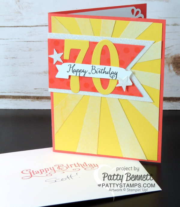 Celebrate a milestone birthday with a special card featuring the Stampin' UP! Large Numbers Framelit dies, Sunburst die and Color Me Irresistible paper. card by Patty Bennett at pattystamps.com 
