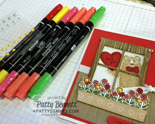 Create a cute Bear Hugs Valentine Card with Stampin' UP! Supplies including: Hearth & Home Window frame thinlit, Bear Hugs stamp set & Framelit die bundle, Color Me Irresistible woodgrain paper, Stampin' Write Markers and It's my Party Enamel Dots.  I Love You This Much card by Patty Bennett, www.pattystamps.com