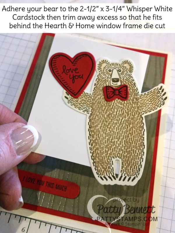 Create a cute Bear Hugs Valentine Card with Stampin' UP! Supplies including: Hearth & Home Window frame thinlit, Bear Hugs stamp set & Framelit die bundle, Color Me Irresistible woodgrain paper, and It's my Party Enamel Dots.  I Love You This Much card by Patty Bennett, www.pattystamps.com