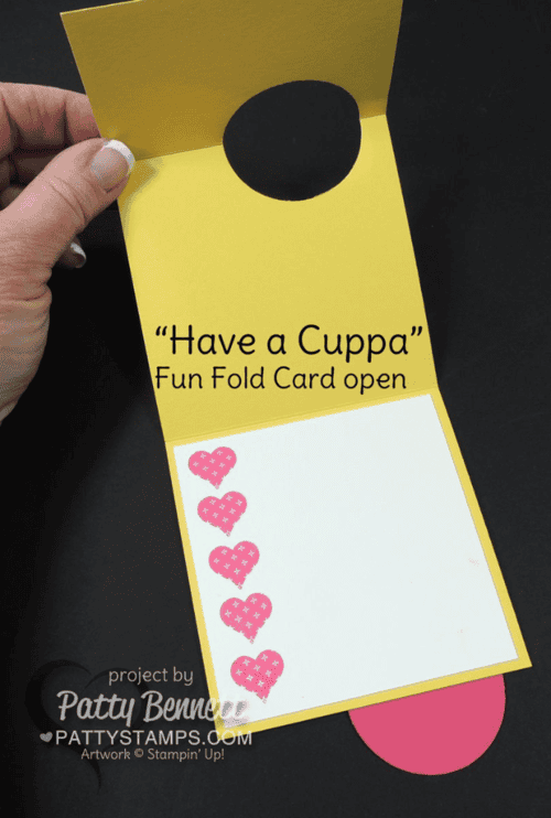 Stampin' Up! fun fold card featuring Have a Cuppa tea cup set and Cups and Kettles framelit dies. card by Patty Bennett Stampin' Up! fun fold card featuring Have a Cuppa tea cup set and Cups and Kettles framelit dies. card by Patty Bennett