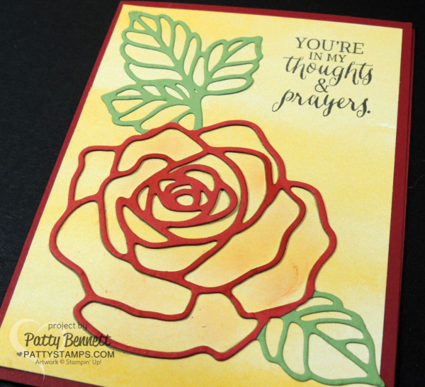Flower cards featuring the Rose Garden thinlit big shot die from Stampin' UP! layered onto limited time only Perfectly Artistic designer paper from Sale a Bration 2016.  by Patty Bennett at pattystamps.com 