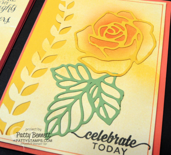Flower cards featuring the Rose Garden thinlit big shot die from Stampin' UP! layered onto limited time only Perfectly Artistic designer paper from Sale a Bration 2016.  by Patty Bennett at pattystamps.com 