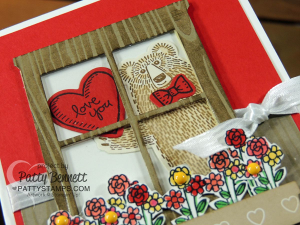 Create a cute Bear Hugs Valentine Card with Stampin' UP! Supplies including: Hearth & Home Window frame thinlit, Bear Hugs stamp set & Framelit die bundle, Color Me Irresistible woodgrain paper, and It's my Party Enamel Dots.  I Love You This Much card by Patty Bennett, www.pattystamps.com