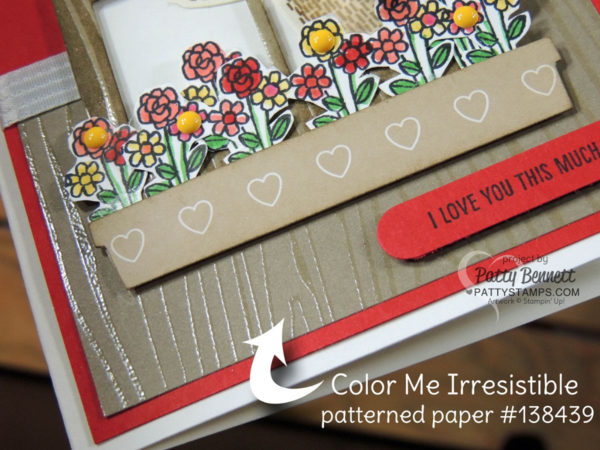 Create a cute Bear Hugs Valentine Card with Stampin' UP! Supplies including: Hearth & Home Window frame thinlit, Bear Hugs stamp set & Framelit die bundle, Color Me Irresistible woodgrain paper, and It's my Party Enamel Dots.  I Love You This Much card by Patty Bennett, www.pattystamps.com