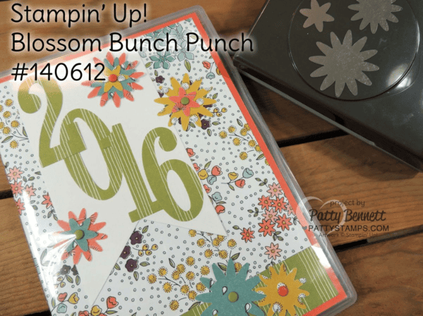 Make your own 2016 Notepad holder project - great for keeping lists, coupons, and notes handy and safe in your car, purse, backpack or at your desk!  Stampin UP Number of Years framelits, Blossom Bouquet punch and Wildflower Fields products from the 2016 Occasions catalog and Sale a Bration brochure. by Patty Bennett www.PattyStamps.com