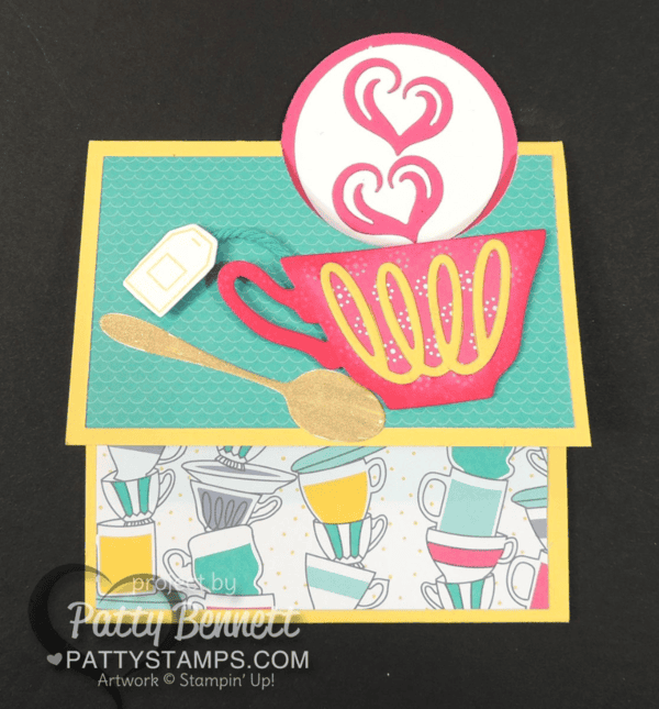 Stampin' Up! fun fold card featuring Have a Cuppa tea cup set and Cups and Kettles framelit dies. card by Patty Bennett Stampin' Up! fun fold card featuring Have a Cuppa tea cup set and Cups and Kettles framelit dies. card by Patty Bennett