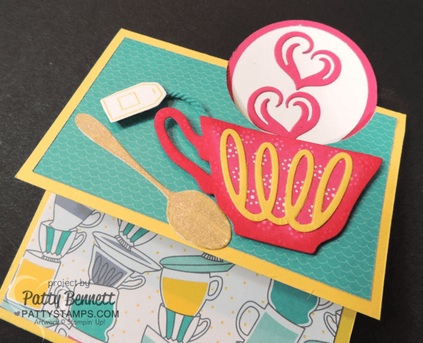 Stampin' Up! fun fold card featuring Have a Cuppa tea cup set and Cups and Kettles framelit dies. card by Patty Bennett Stampin' Up! fun fold card featuring Have a Cuppa tea cup set and Cups and Kettles framelit dies. card by Patty Bennett