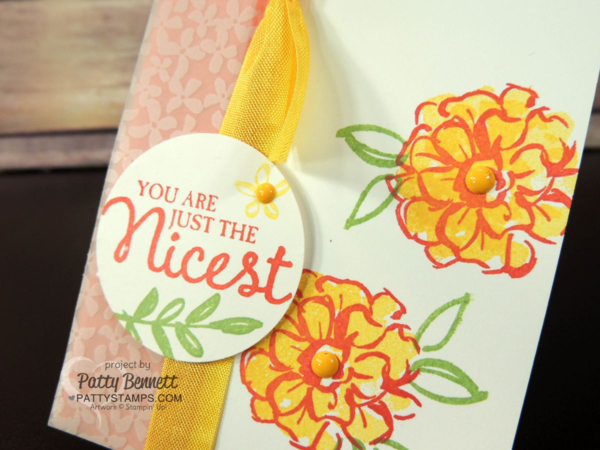 Stampin' Up! Sale a Bration What I Love card.  Notecard with Botanical Vellum and It's My Party Enamel Dots by Patty Bennett at pattystamps.com 