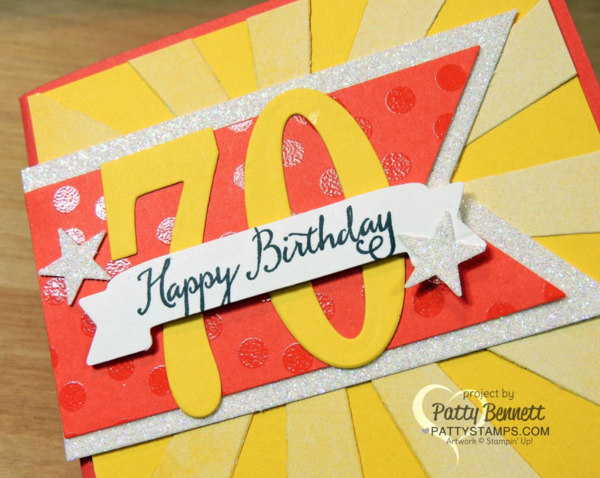Celebrate a milestone birthday with a special card featuring the Stampin' UP! Large Numbers Framelit dies, Sunburst die and Color Me Irresistible paper. card by Patty Bennett at pattystamps.com 