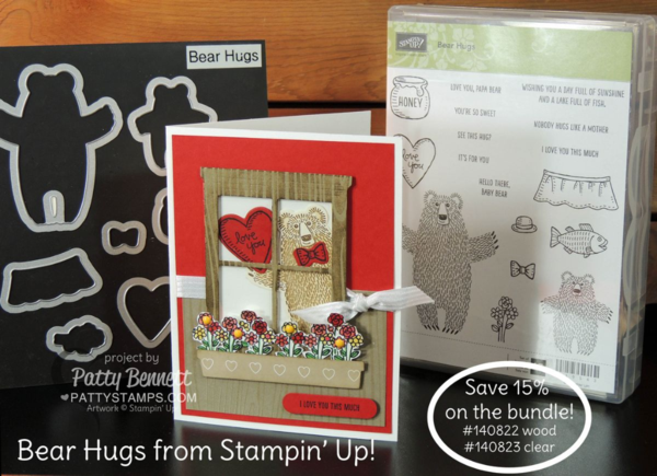 Create a cute Bear Hugs Valentine Card with Stampin' UP! Supplies including: Hearth & Home Window frame thinlit, Bear Hugs stamp set & Framelit die bundle, Color Me Irresistible woodgrain paper, and It's my Party Enamel Dots.  I Love You This Much card by Patty Bennett, www.pattystamps.com