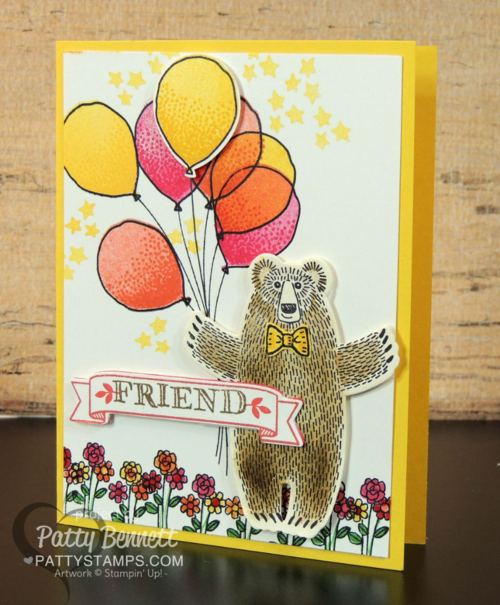 Bear Hugs card with balloon bouquet handstampd wtih 2016 Occaions catalog supplies from Stampin' Up!. Bear Hugs bundle and Balloon Celebration sets.Click Shop online at www.PattyStamps.com
