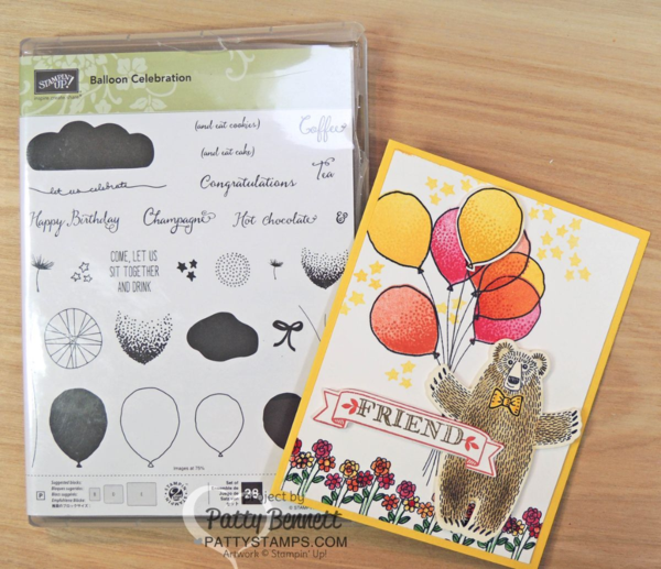 Bear Hugs card with balloon bouquet handstampd wtih 2016 Occaions catalog supplies from Stampin' Up!. Bear Hugs bundle and Balloon Celebration sets.Click Shop online at www.PattyStamps.com