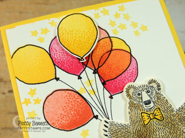 Bear Hugs card with balloon bouquet handstampd wtih 2016 Occaions catalog supplies from Stampin' Up!. Bear Hugs bundle and Balloon Celebration sets.Click Shop online at www.PattyStamps.com