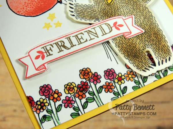 Bear Hugs card with balloon bouquet handstampd wtih 2016 Occaions catalog supplies from Stampin' Up!. Bear Hugs bundle and Balloon Celebration sets.Click Shop online at www.PattyStamps.com