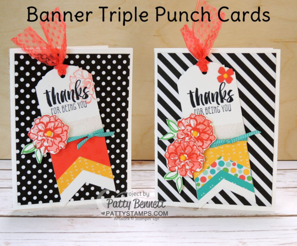 Tag Cards created with the Stampin' UP! Banner Triple Punch and Ornate Tag Topper Punch. Cherry on Top paper and Neutrals black and white backgrounds make the cards pop! Sale a Bration "What I Love" flower stamped in Watermelon Wonder ink by Patty Bennett Tag Cards created with the Stampin' UP! Banner Triple Punch and Ornate Tag Topper Punch. Cherry on Top paper and Neutrals black and white backgrounds make the cards pop! Sale a Bration "What I Love" flower stamped in Watermelon Wonder ink by Patty Bennett
