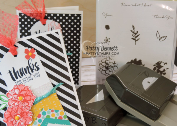 Tag Cards created with the Stampin' UP! Banner Triple Punch and Ornate Tag Topper Punch. Cherry on Top paper and Neutrals black and white backgrounds make the cards pop! Sale a Bration "What I Love" flower stamped in Watermelon Wonder ink by Patty Bennett Tag Cards created with the Stampin' UP! Banner Triple Punch and Ornate Tag Topper Punch. Cherry on Top paper and Neutrals black and white backgrounds make the cards pop! Sale a Bration "What I Love" flower stamped in Watermelon Wonder ink by Patty Bennett