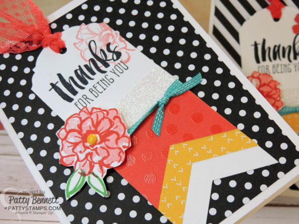 Tag Card created with the Stampin' UP! Banner Triple Punch and Ornate Tag Topper Punch. Cherry on Top paper and Neutrals black and white backgrounds make the cards pop! Sale a Bration "What I Love" flower stamped in Watermelon Wonder ink by Patty Bennett Tag Card created with the Stampin' UP! Banner Triple Punch and Ornate Tag Topper Punch. Cherry on Top paper and Neutrals black and white backgrounds make the cards pop! Sale a Bration "What I Love" flower stamped in Watermelon Wonder ink by Patty Bennett