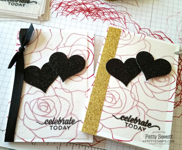 Stampin' UP! Botanical Gardens vellum overlay on Rose Wonder bridal shower invitation cards, featuring black glimmer paper and gold Metallic Glitter tape. Stampin' UP! Botanical Gardens vellum overlay on Rose Wonder bridal shower invitation cards, featuring black glimmer paper and gold Metallic Glitter tape.