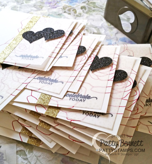 Stampin' UP! Botanical Gardens vellum overlay on Rose Wonder bridal shower invitation cards, featuring black glimmer paper and gold Metallic Glitter tape. Stampin' UP! Botanical Gardens vellum overlay on Rose Wonder bridal shower invitation cards, featuring black glimmer paper and gold Metallic Glitter tape.
